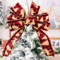 Red and black buffalo plaid Christmas bow with golden reindeer on snowy tree branch - Christmas Bow Style F (Red Black Plaid/Gold Deer)
