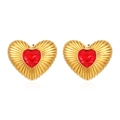 Pendientes de corazón en acero inoxidable con gema roja y marco dorado de rayos solares - Estilo de Circonita de Corazón Fundido / Dorado