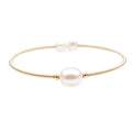 Close-up of golden wire-wrapped bracelet with natural freshwater baroque pearls on white back - Baroque Main Pearl Open Style (ZZ-008)