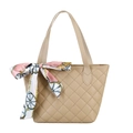 Quilted beige tote bag with twin leather handles and a decorative printed silk scarf - Khaki