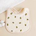 Soft 6-layer muslin cotton U-shaped baby bib with yellow lemon embroidery and snap button - Small Olive