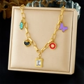 Golden chain necklace with colorful geometric oil-drop butterfly and heart pendants - Butterfly Heart Colorful Gemstone Pendant Style (N3691)