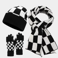 Winterset mit schwarz-weiß karierter Strickmütze Schal und Handschuhen Set - Schwarz Weiß Karo