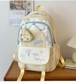 Lichtgewicht schoolrugzak in beige en wit canvas met borduursel en blauwe bies - Zonder Portemonnee / Geel