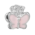 Silver bead charm featuring pink butterfly and floral designs for spring bracelets - Pink Butterfly & Flower Charm (040)