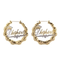 Golden bamboo hoop earrings with custom silver nameplate and crown heart detail - 30MM