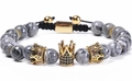Beaded bracelet with grey marble stones and a gold crown charm on adjustable black cord - Woven Style / Map Stone