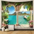 Dettaglio dell'arazzo dell'isola tropicale con arco in pietra e vista mare a parete - GT105023-Isola Tropicale / 73*95CM (Tessuto Spazzolato)