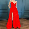 Elegant bright red sequin evening dress with spaghetti straps and high slit design - L / Red