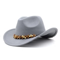 Detail of grey wide brim felt cowboy hat featuring ethnic style wooden beaded band decoration - M (56-58cm) Adjustable / Light Gray
