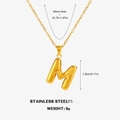 Polished gold stainless steel chubby M letter necklace with detailed size measurements - M