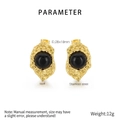 Macro shot of 18K gold plated earrings with black cat-eye stone and 28x18mm size specs - Gold Black Style (KE116415-KFC)