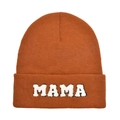 Macro shot of MAMA letter patch and orange knitted texture on winter beanie cap - Adult Style(MAMA) / Caramel color