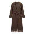 Long manteau marron en laine style britannique avec bordures à franges et ceinture - S / café
