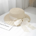 Cappello di paglia beige stile boater con fiocco di strass per protezione solare chic - 55-57cm (Regolabile) / Bianco Riso (Fiocco di Nastro Lucido)