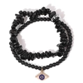 Detalle de pulsera de obsidiana multicapa con cuentas de piedra irregulares y dije de mal de ojo - Negro (FK1477)