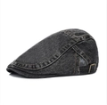 Adjustable dark grey washed denim newsboy cap with vintage bronze metal buckle and stitching - Adjustable / Plain Denim-Black
