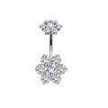 Silver stainless steel belly button ring featuring double floral white zircon accents - Style 22