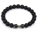 Matte black lava stone beaded bracelet with silver dumbbell charm featuring live lift text - Matte Black