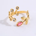 Golden open-ended stainless steel ring featuring pink gemstone and crystal leaf design - Pink Garland Style (JZ26-11)