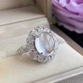 Silver halo ring with oval moonstone and shimmering zircon accents on the band - Natural Gray Agate [white Gold] Ljz-17 / Adjustable Open