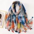 Artistic scarf with blue and orange geometric prints and bohemian tassel details - C1104 Colorful Geometric Abstract