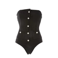 Eleganter schwarzer trägerloser Badeanzug mit Perlenknöpfen und schlanker Silhouette - S / Schwarz