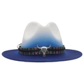 Detail of gradient blue felt cowboy hat featuring ethnic woven band and silver bull head - M (56-58cm) / White + Blue
