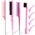 Set acconciatura rosa 8 pezzi con pettine a coda, spazzola e fermagli per capelli - Set da 8 Rosa
