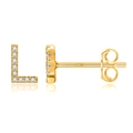 Macro shot showing S925 hallmark on gold letter L earring with crystal pave setting - Gold L