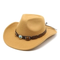 Detail of camel wool cowboy hat with brown leather band, wooden beads and turquoise stone - M(56-58cm) / Camel