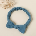Detailed texture of light blue cotton linen baby headband with soft elastic bow design - Dark Blue