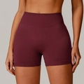 Pantaloncini da yoga senza cuciture a vita alta bordeaux scuro con ampia fascia a costine - S / Rosso Ciliegia