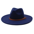 Dark blue wide brim wool fedora hat with brown leather band and metallic buckle detail - M (56-58cm) / Navy Blue