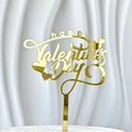Macro detail of golden acrylic Happy Valentine's Day cake topper with heart motifs - Valentine's Day Gold 2 (approx. 10.5cm Wide)