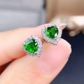 Silver stud earrings featuring heart-shaped green gemstone with white zircon halo - Green Diamond Heart-shaped Earrings Led-78