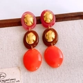 Retro multi-colored geometric drop earrings in pink, deep brown and orange tones - 41# Colorful - Retro Contrast (Silver Earring Post)