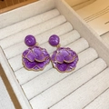 Detail of purple enamel flower earrings with gold edges on beige velvet jewelry box - Purple Layered Petal Silver Needle Style (27#)