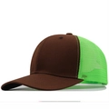 Brown and neon green trucker hat with breathable mesh and curved brim in side view - Brown / Neon Green