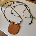 Brown leather croissant pendant necklace with black beads on a cord chain for women - 46# Coffee U-Shape Leather
