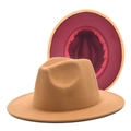 Detail of the khaki felt fedora hat showing the contrasting burgundy interior brim and lining - M (56-58cm) / Camel & Wine Red