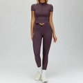 Dark purple high-waisted yoga set with zip-up crop top and V-shape waistband leggings - L / Top And Bottom / Grape Purple