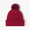 Dark red ribbed knit beanie with matching faux fur pom-pom for women - Wine Red (24B019)