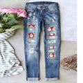 Jean femme taille mi-haute bleu foncé avec des patchs festifs à imprimé Père Noël - S / Écusson Père Noël