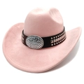 Detail of pink faux suede cowboy hat featuring a leather band with rhinestone and studs - M (56-58cm) / Light Pink