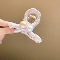 Pink fabric wrapped hair claw clip featuring large pink and white pearls accessory - 180# Pink Fabric Pearl Hair Claw