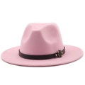 Classic pink wool fedora hat for women with black leather band and gold metal buckle - M (56-58cm) / Pink