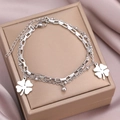 Elegant silver double-layer stainless steel bracelet with clover pendant and metal beads - Steel