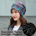 Women's winter floral beanie with bohemian print and thick black fleece lining - Fleece Lined Style / Butterfly Flower-Blue Purple
