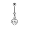 Silver heart-shaped belly button ring with sparkling zircon stones on a white background - Style 12